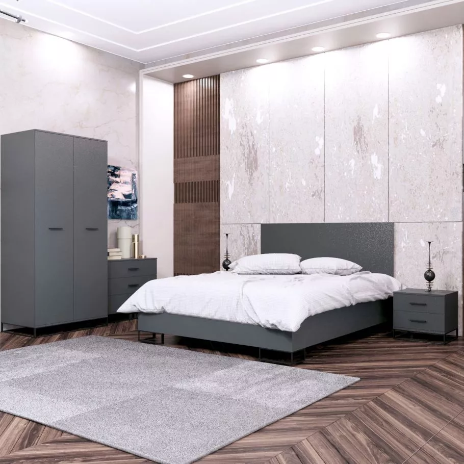 Тумба Ascet ДСП Графит, Кровать Ascet ДСП Графит, 160x200 в спальне