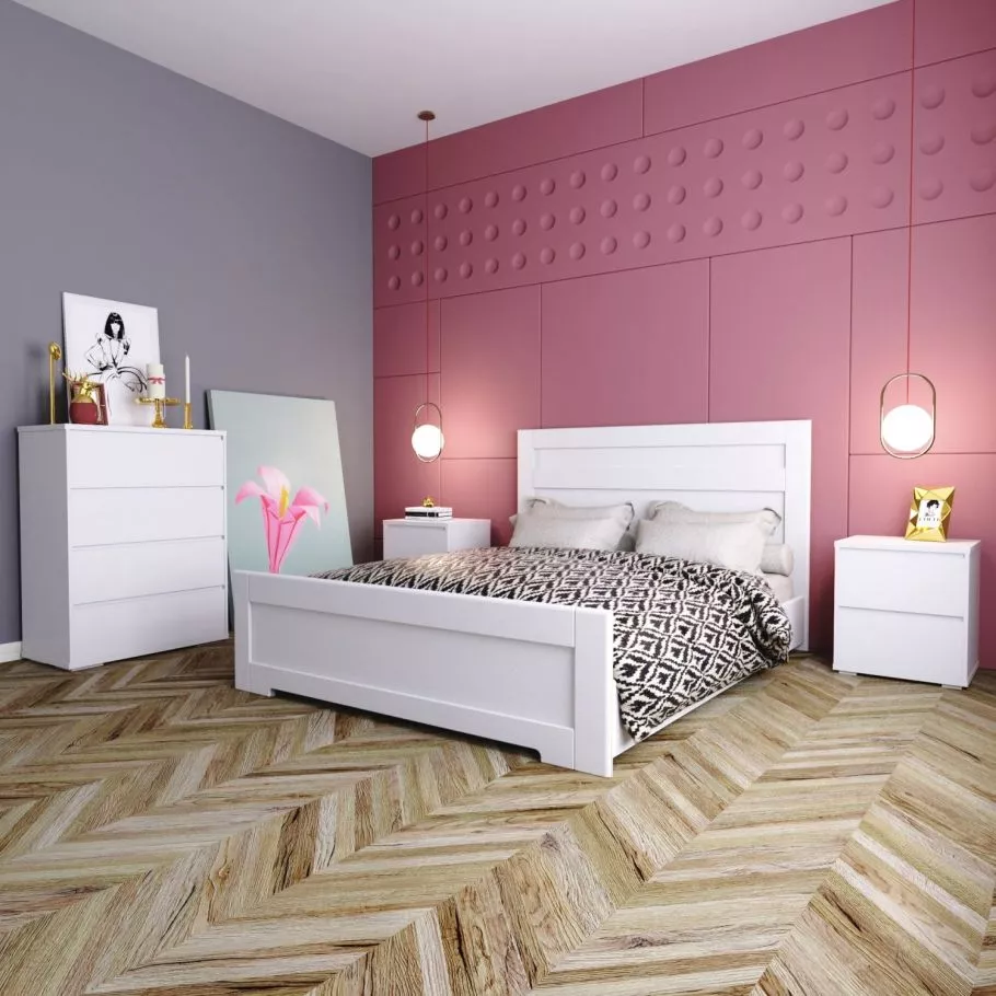 Тумба Light ДСП Аляска, Комод Light 4 ДСП Аляска, Кровать Light МДФ Белый, 160x200 в спальне