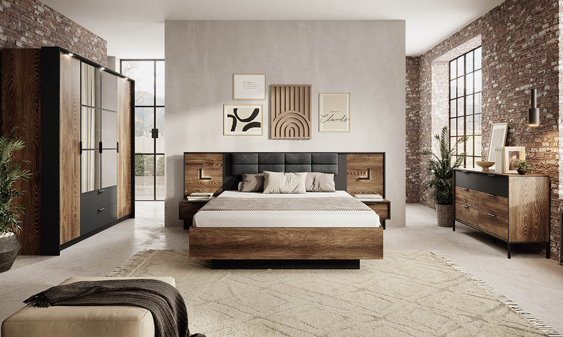 Кровать Стокгольм без ПМ и 2-мя тумбами Огненный каштан, Антрацит, 160x200 (1541205585) в Украине
